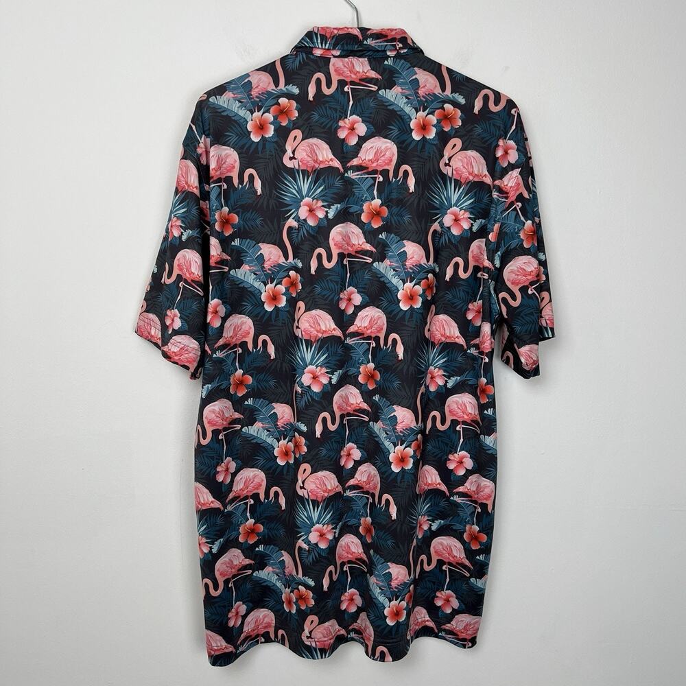 Waggle Golf Polo Shirt Men's Large Navy Jungle Pink Flamingo Hawaiian‎ Blossom - Picture 4 of 7